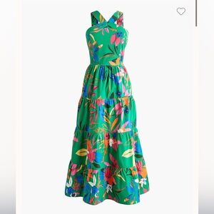 J. Crew Green Printed Tiered Halter Midi Dress